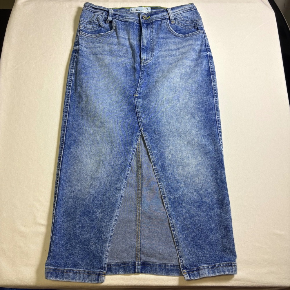Sam Edelman Denim Midi Skirt 27 Blue Front Slit High Waisted Casual